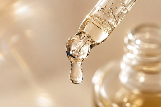 Dropper dripping liquid essential oil from cosmetic bottle