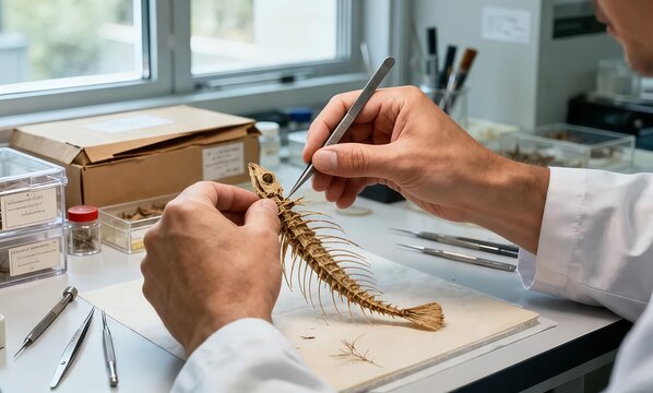 First-person view of a professional conservator carefully preparing a natural specimen in a scientific workspace.