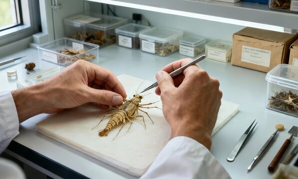 First-person view of a professional conservator carefully preparing a natural specimen in a scientific workspace.