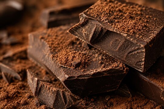 Macro shot of dark chocolate pieces with cocoa powder