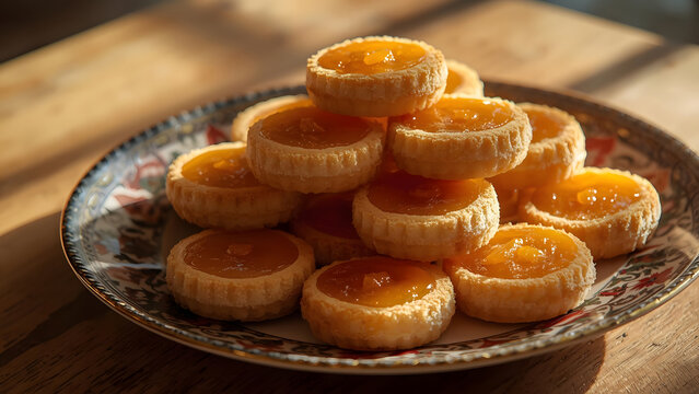 Sweet Citrus Tartlets Stacked on a Decorative Plate, Close-up Macro Shot