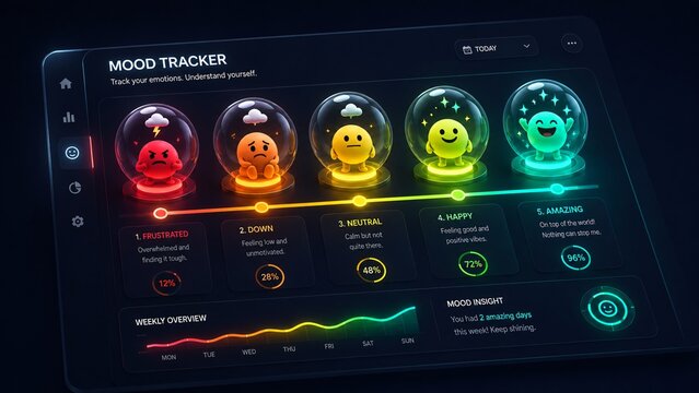 Futuristic digital UI dashboard tracking human emotions and mood analytics