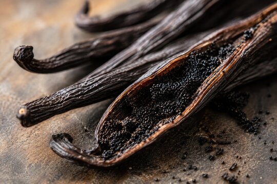 Macro shot of vanilla beans and seeds on dark background
