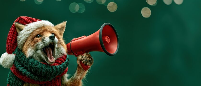 Festive Fox Shouting Through Red Christmas Megaphone