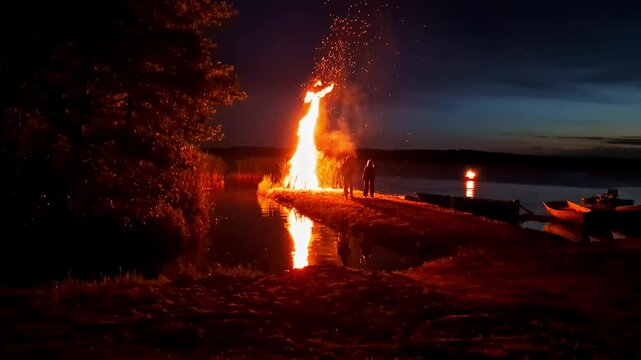 Large bonfire burning brightly on a lake shore at night during Līgo, a pagan tradition