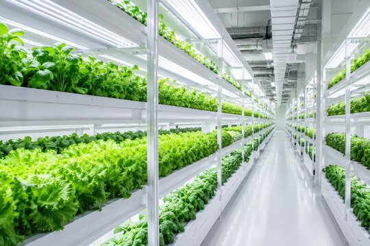 Vertical farming facility with green leafy vegetables growing on shelves