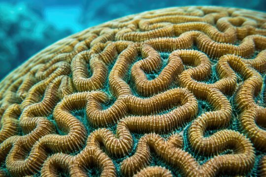 Close up of brain coral texture details underwater in tropical sea