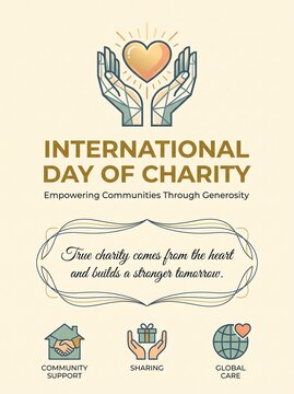 Vintage poster template for International Day of Charity with hands holding a glowing heart