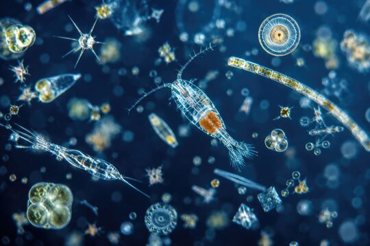 Microscopic view of ocean plankton microalgae and marine microorganisms