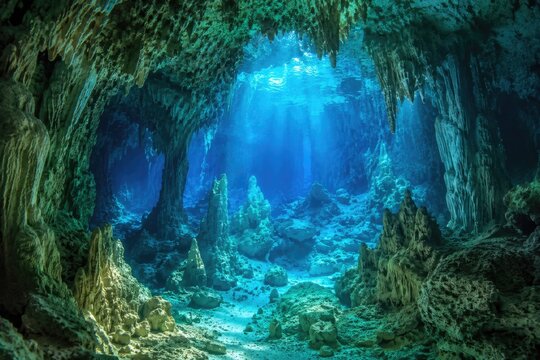 Underwater view inside ocean cave with sunlight beam entering blue water