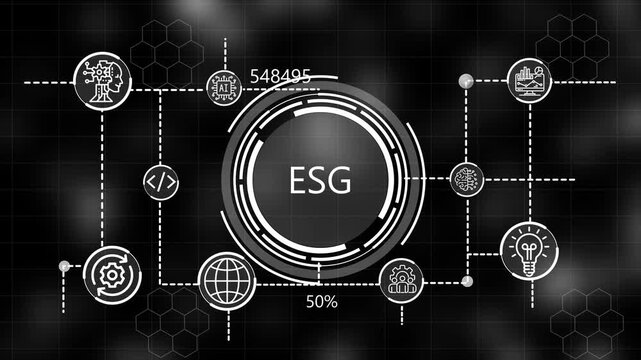  A glowing icon, and manufacturing process ESG all connected in a digital circuit like pattern. dark tech setting shows smart technology,  interface, marketing strategy.