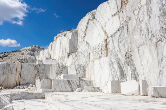 Large white marble quarry site with huge cut stone blocks