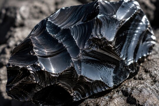 Shiny black obsidian glass volcanic rock mineral sample
