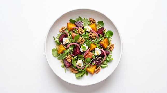 Fresh beet salad with goat cheese and walnuts on a plate