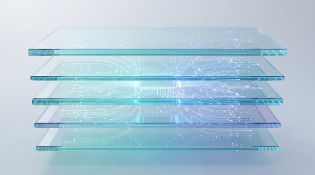 Stacked transparent glass plates with glowing holographic digital circuit patterns holographic circuits technology transparent patterns hardware