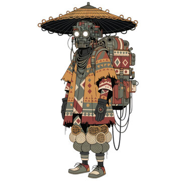 Fantasy Wandering Merchant Character With Oversized Backpack and Straw Hat Illustration on Transparent Background