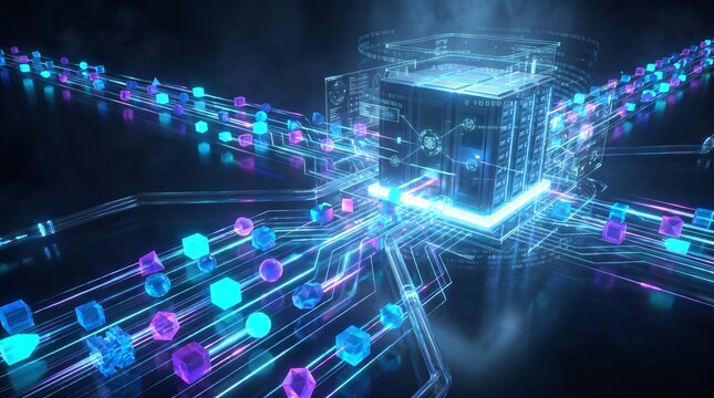 Digital processor chip with glowing data streams and cubes processor technology computing hardware intelligence electronic futuristic abstract