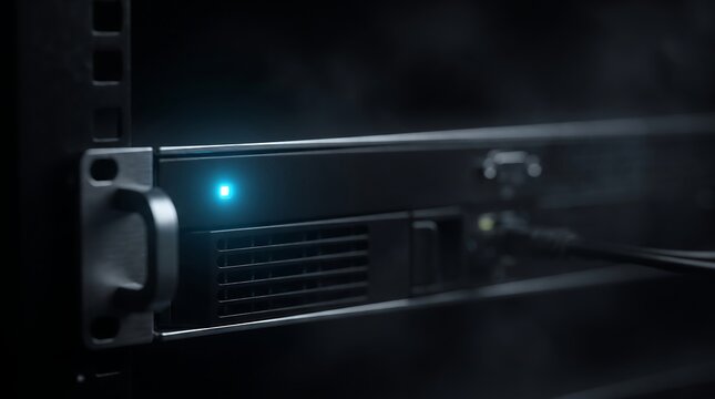 Close-up of active network server rack with glowing blue led status indicator hardware technology electronic computer infrastructure enterprise