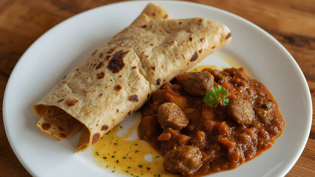 Delicious Indian Curry with Flatbread on White Plate, Close-up