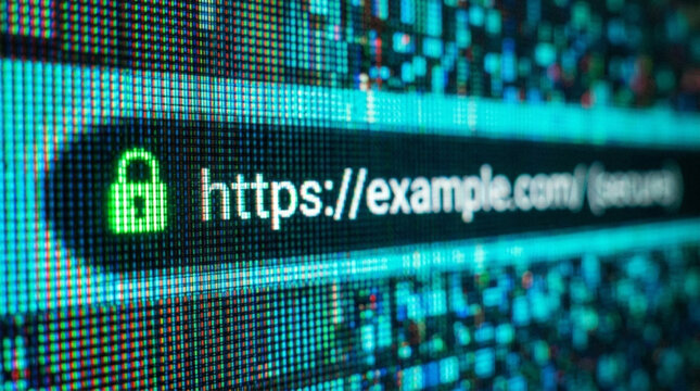 Secure Browsing Concept Showing HTTPS Protocol with Padlock Icon on Digital Pixelated Screen