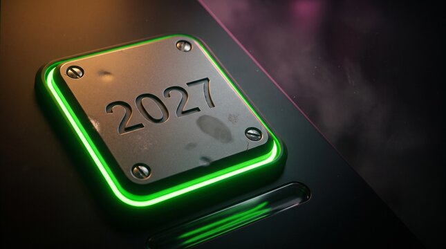 Square matte black push button with recessed 2027 numerals and a neon green glowing perimeter channel set into a scuffed console, representing new year start button and future launch concept