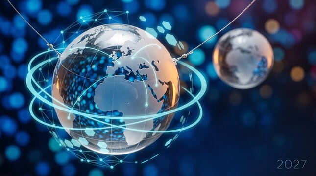 Suspended crystal globe of europe and africa on fine wires ringed by tilted cyan orbital rings against a deep blue bokeh field, representing festive world business finance and space science concept