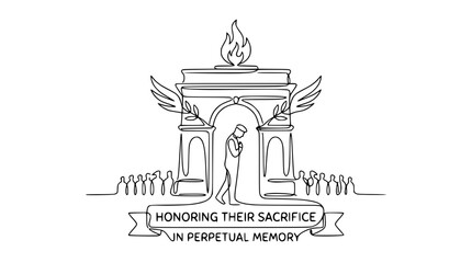 Obraz premium One Line Drawing: Soldier Bows Under Arch, Honoring Sacrifice, Perpetual Memory