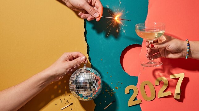Three faceless hands holding a disco ball champagne coupe and burning sparkler over torn coral teal and mustard paper with gold 2027 cutouts, representing colourful new year party collage concept