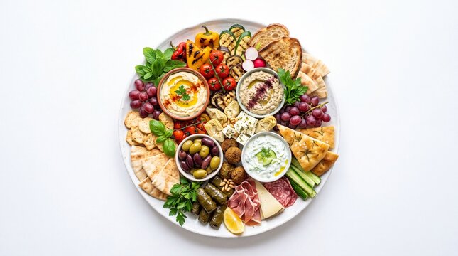 Fresh mediterranean mezze platter with dips and vegetables