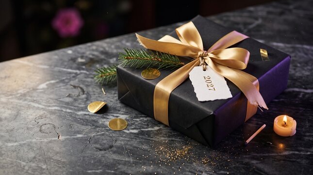 Matte black wrapped gift box with a lopsided gold satin bow and a deckled 2027 tag on veined dark marble in warm candlelight, representing festive elegant new year gift and luxury present concept