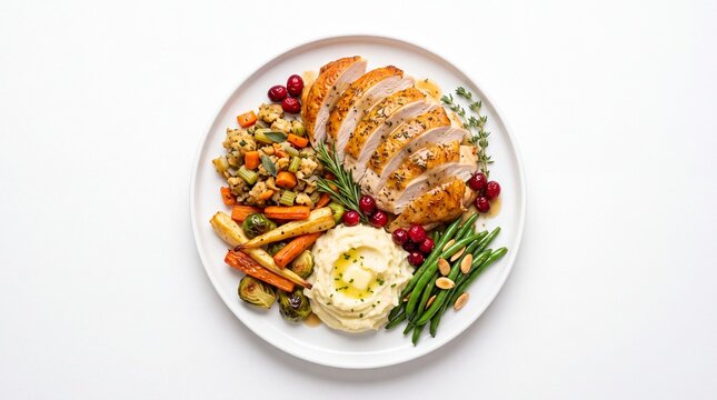 Roasted turkey dinner plate with vegetables and stuffing