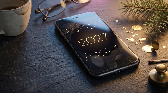 Scratched smartphone lying on a dark textured surface showing an abstract gold 2027 greeting layout amid coffee fir and confetti styling, representing digital new year social media post concept