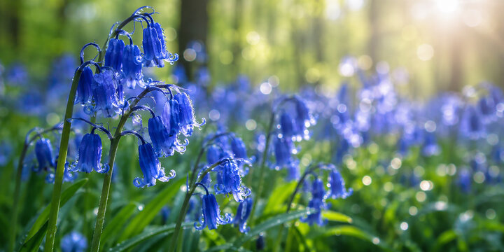 Vibrant Bluebell Flowers Blooming in a Magical Sunlit Forest