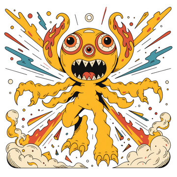 Orange Multi-Eyed Monster Creature with Tentacles and Explosion Effects on Transparent Background