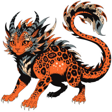 Orange and Black Spotted Fantasy Dragon Creature Illustration With Curved Tail on Transparent Background