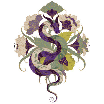 Ornamental Purple Serpent Entwined With Blooming Flowers and Green Foliage Decorative Illustration
