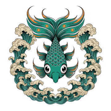 Ornamental Teal Fish With Horns Surrounded by Ocean Waves Illustration on Transparent Background