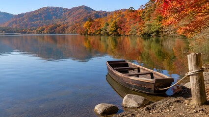 Naklejka premium 紅葉の湖畔に係留された木造の和船 静かな秋の情景
