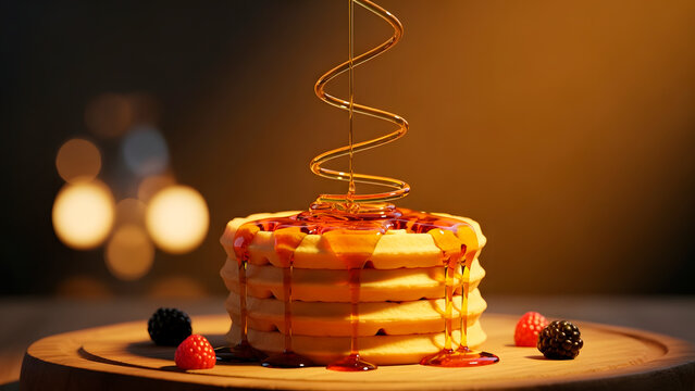 Stack of golden waffles with dripping syrup and fresh berries on a wooden board