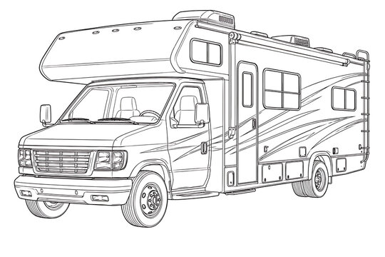 recreational vehicle, RV, motorhome, camper van, camper vehicle, camping vehicle, travel trailer, caravan, motorhome line art, RV line drawing, recreational vehicle illustration, vehicle vector, vehic