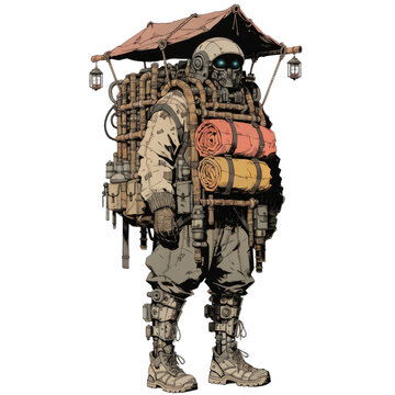 Steampunk Mechanical Walking Merchant Robot with Roof Lanterns and Cargo on Transparent Background