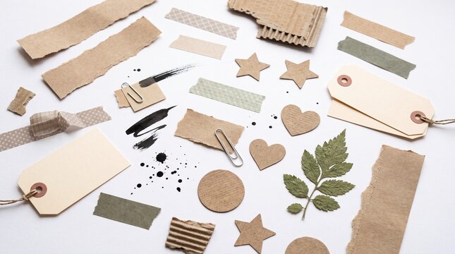 Paper scrap collage elements with office stationery