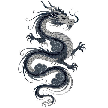 Traditional Asian Dragon Illustration in Dark Ink with Serpentine Body and Detailed Scales on Transparent Background