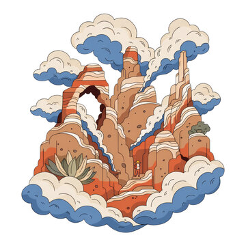 Traditional Asian Mountain Landscape Illustration With Clouds and Rocky Peaks on Transparent Background