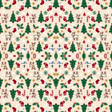 A charming seamless Christmas pattern with colorful holiday icons including pine trees reindeer snowmen stockings stars candy canes and holly on a light cream background