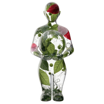 Transparent Human Figure Filled with Green Leaves and Red Flowers on Clear Background