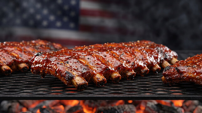 Labor day bbq ribs pork grill barbecue sauce smoke meat holiday american flag summer. American patriotic labour day celebration. happy summer family backyard party, bar-b-q grill cookout picnic