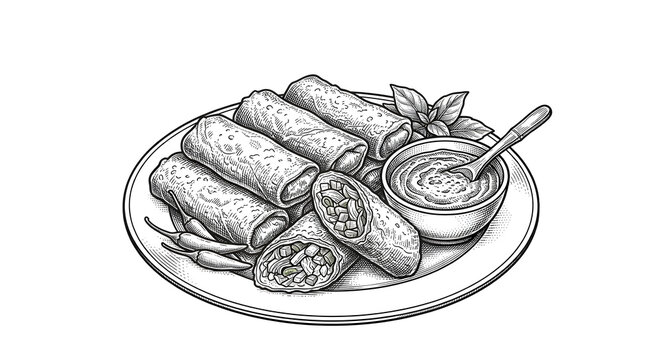 Detailed vintage engraving style illustration of crispy fried spring rolls with dipping sauce