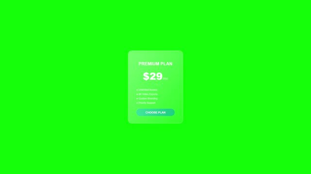 Animated subscription pricing card on green screen background