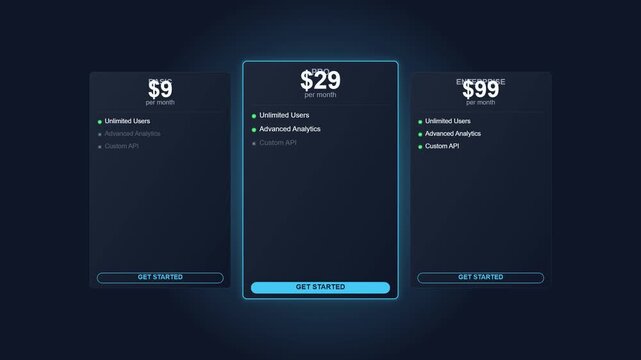 Dark mode pricing plans with neon blue glowing highlights